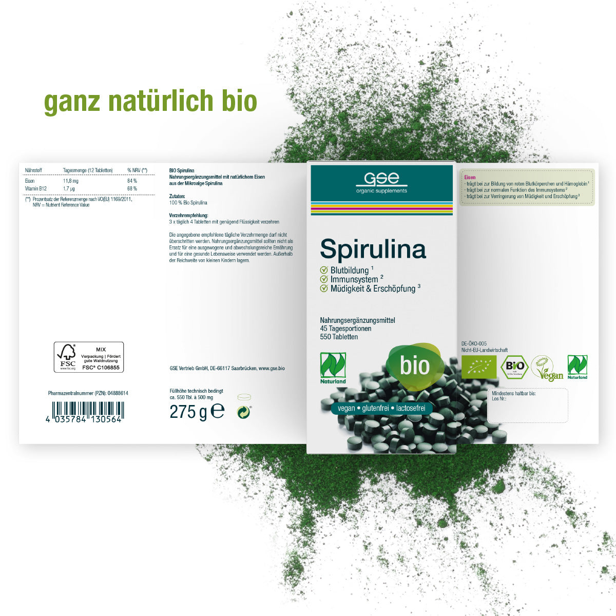 Eine Schachtel Naturland Bio Spirulina (Tabletten) von gse.organic.supplements-vegane Ergänzung in weißer Verpackung mit grünen Akzenten und deutschem Text, mit grünen Bio-Labels und Zertifizierungen. Nettogewicht: 275g. Spirulina-Pulver verstreut auf der Rückseite.