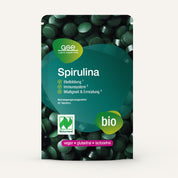 Eine Packung Naturland Bio Spirulina (Tabletten) von gse.organic.supplements-vegan, glutenfrei und laktosefrei. Grüne Tabletten abgebildet. Unterstützt die Blutbildung (Eisen), das Immunsystem und hilft, Müdigkeit zu reduzieren.