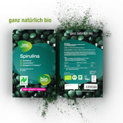 Vorder- und Rückseite der Naturland Bio Spirulina (Tabletten) Verpackung von gse.organic.supplements, mit sichtbaren Tabletten. Etiketten zeigen vegan, glutenfrei, laktosefrei, Eisen, ganz natürlich bio, plus Bio- und Nährwertangaben.
