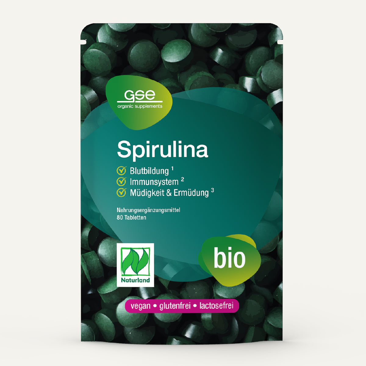 Eine Packung Naturland Bio-Spirulina (Tabletten) von gse.organic.supplements – vegan, gluten- und laktosefrei, aus biologischem Anbau – mit natürlichem Eisen zur Blutbildung, zur Stärkung des Immunsystems und gegen Müdigkeit. Enthält 80 Tabletten.