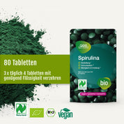 Verpackung von Naturland Bio-Spirulina-Tabletten von gse.organic.supplements mit grünem Pulver daneben. Text: „80 Tabletten, 3-mal täglich 4 Tabletten mit ausreichend Flüssigkeit einnehmen.“ Vegan- und Bio-Siegel sowie Hinweis auf den Eisengehalt sind sichtbar.