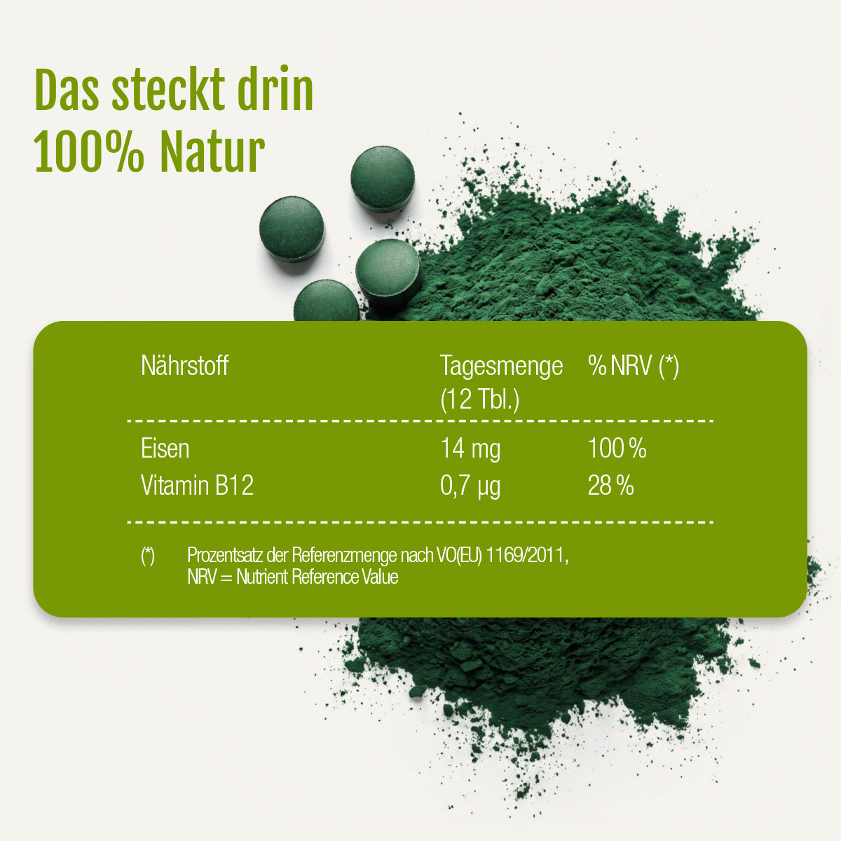 Naturland Bio-Spirulina-Tabletten von gse.organic.supplements, abgebildet auf grünem Pulver. Der Text nennt Eisen (14 mg, 100 % NRV) und Vitamin B12 (0,7 μg, 28 % NRV). Überschrift: „Das steckt drin 100 % Natur.“ – ein veganes Nahrungsergänzungsmittel.