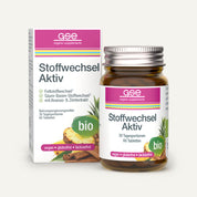 Eine Flasche und eine Schachtel von gse Bio-Nahrungsergänzungsmitteln Stoffwechsel Aktiv (Bio) mit grünen Bio-Etiketten, die Zimtstangen und Ananasscheiben zeigen, mit dem Hinweis auf natürlichen Stoffwechsel, Gewichtsmanagement, vegan, gluten- und laktosefrei.