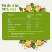 Grünes deutsches Nährwertetikett zeigt Tageswerte und % NRV für Zink, Biotin, Folsäure, Ananas- und Zimtextrakte - ideal für natürliches Gewichtsmanagement mit Stoffwechsel Aktiv (Bio) von gse organic supplements. Ananas und Zimt sorgen für Frische.