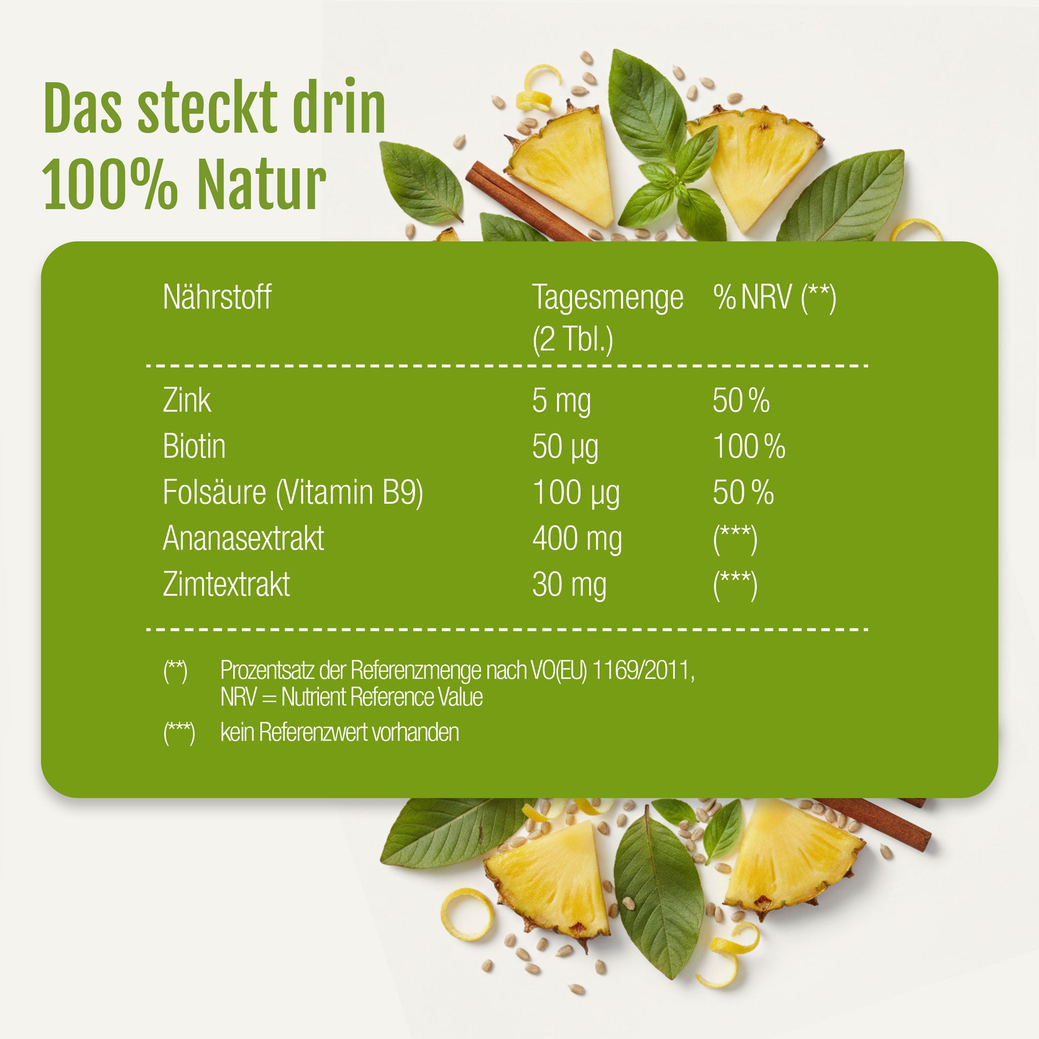 Grünes deutsches Nährwertetikett zeigt Tageswerte und % NRV für Zink, Biotin, Folsäure, Ananas- und Zimtextrakte - ideal für natürliches Gewichtsmanagement mit Stoffwechsel Aktiv (Bio) von gse organic supplements. Ananas und Zimt sorgen für Frische.