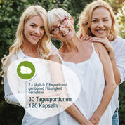 Drei lächelnde Frauen unterschiedlichen Alters stehen gemeinsam im Freien im Grünen. Eine Grafik zeigt Urovit®-Cranberry Kapseln (Bio) von gse.organic.supplements: 2 x täglich 2 Kapseln, 30 Tagesportionen, 120 Kapseln.
