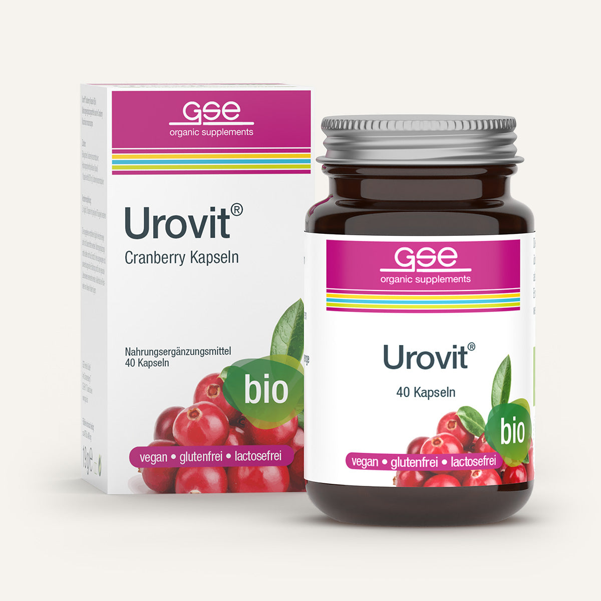 Eine Flasche und Schachtel gse.organic.supplements Urovit®-Cranberry Kapseln (Bio), vegan, gluten- und laktosefrei, mit Cranberry-Abbildungen. Jede Packung enthält 40 Kapseln reich an Proanthocyanidin.