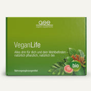 Eine grüne Schachtel der gse Bio-Nahrungsergänzungsmittel Vegan Life Paket mit deutschem Text und Bildern von Guave, Blättern und Blüten. Die Verpackung hebt Vitamin B12 für vegane Ernährung und pflanzliche Bio-Qualität hervor.