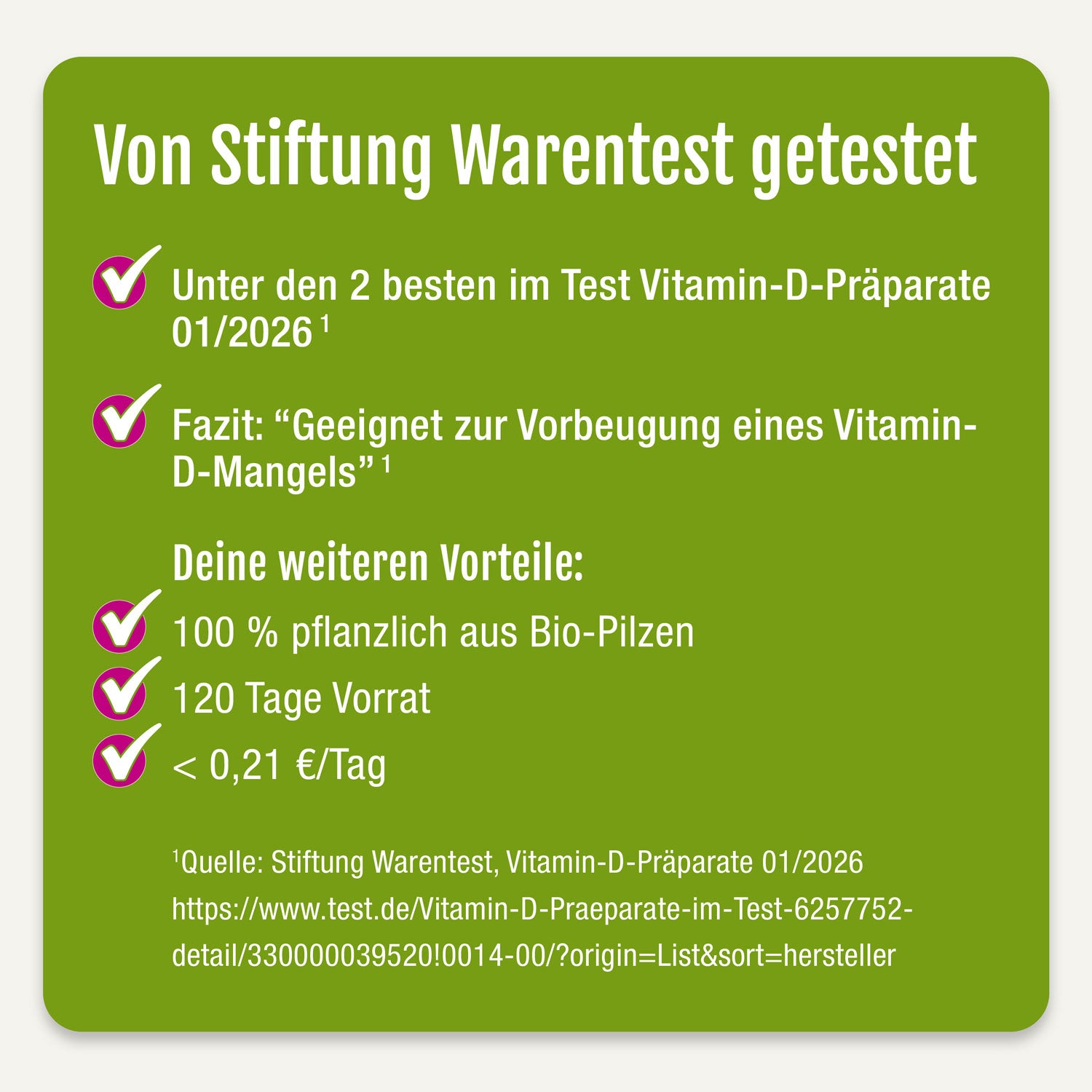 Grüne Infokarte "Von Stiftung Warentest getestet" mit Häkchen listet die Vorteile von Vitamin D Compact (Bio) von gse.organic.supplements auf: vegan, von Bio-Pilzen, geprüfte Ergebnisse, beugt Mangel vor, 120-Tage-Vorrat und günstige Tageskosten.