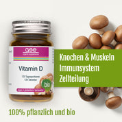 Eine Flasche gse.organic.supplements Vitamin D Compact (Bio) ist neben frischen Pilzen abgebildet. Der Text hebt die 100 % pflanzliche und biologische Formel sowie die Vorteile für Knochen, Muskeln, Immunsystem und Zellteilung hervor.