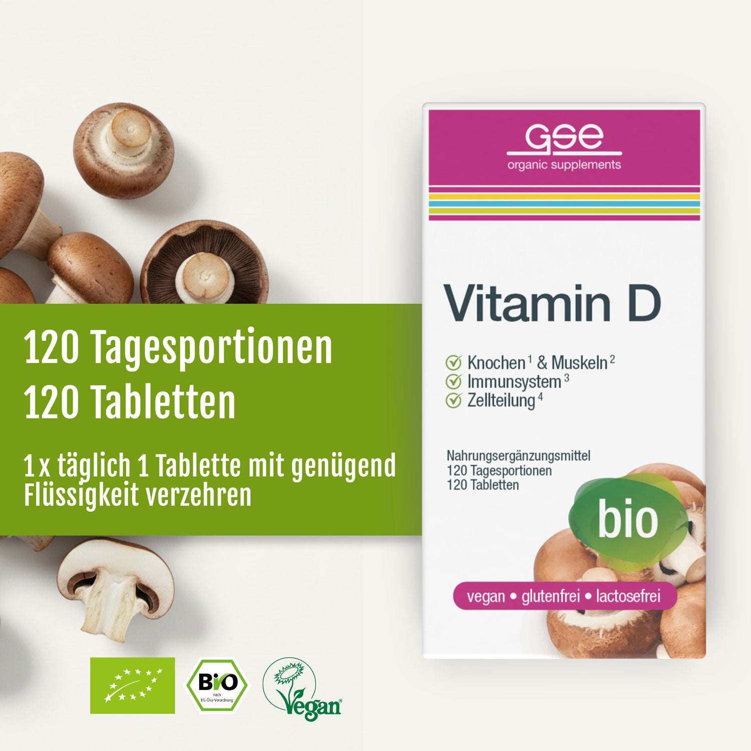 Die Verpackung von Vitamin D Compact (Bio) von gse.organic.supplements ist mit deutschem Text, Pilzen auf der linken Seite, 120 Tabletten, Tagesdosis und Symbolen für vegan, glutenfrei, laktosefrei und Bio-Pilzzertifizierung versehen.