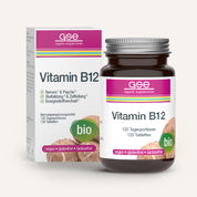 Eine Flasche und eine Schachtel gse.organic.supplements Vitamin B12 Compact (Bio): Die weiße Verpackung mit rosa und grünen Akzenten weist darauf hin, dass diese natürlichen, aus Shiitake gewonnenen Tabletten vegan, glutenfrei, laktosefrei und bio sind.