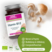 Eine Flasche gse.organic.supplements Vitamin B12 Compact (Bio) Tabletten ruht auf weißem Pulver neben drei Shiitake-Pilzen. Das Etikett weist darauf hin, dass es vegan, glutenfrei und laktosefrei ist, und der grüne Text listet die Vorteile für Nerven, Zellen und Energie auf.