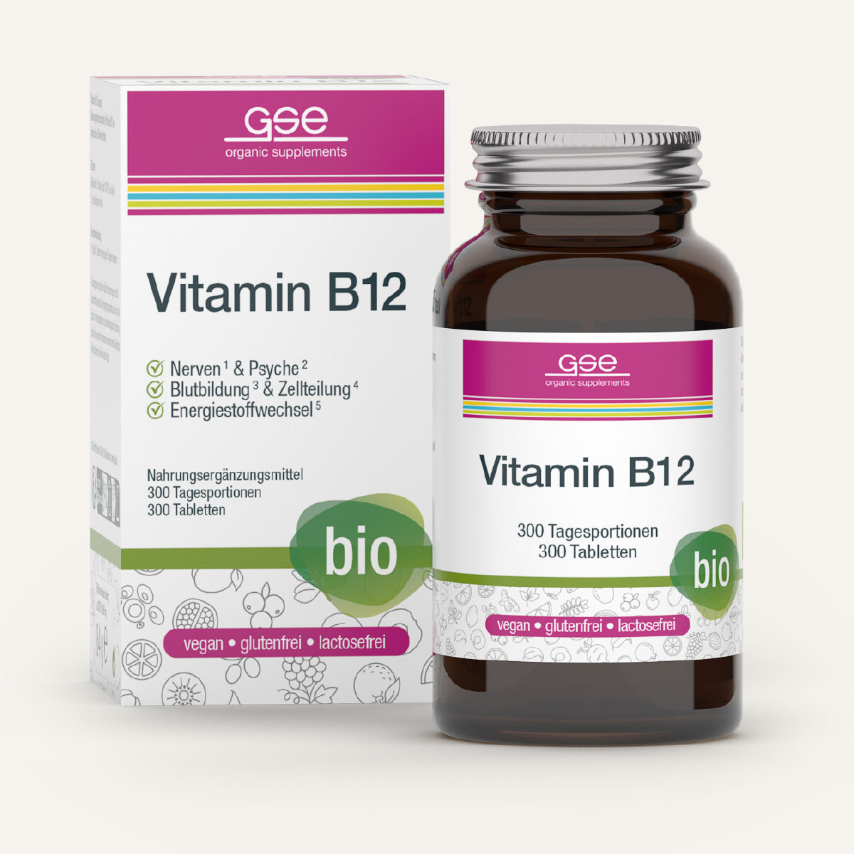 Eine braune Flasche und Schachtel mit der Aufschrift Vitamin B12 Compact (Bio) von gse.organic.supplements, mit grünen Bio-Kreisen. Vegane Verpackung, betont Shiitake-Extrakt, glutenfrei, laktosefrei, 300 Tabletten für 300 Tagesportionen.