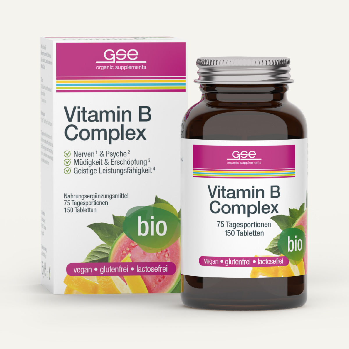 Eine Flasche und Schachtel gse.organic.supplements Vitamin B Complex (Bio), ein biologisches, veganes, glutenfreies, laktosefreies pflanzliches Nahrungsergänzungsmittel. Die deutsche Verpackung mit Fruchtbildern hebt pflanzliche B-Vitaminquellen hervor.