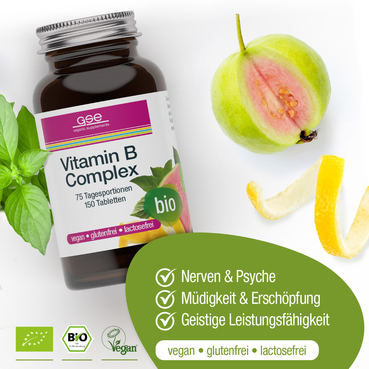 Eine Flasche gse.organic.supplements Vitamin B-Komplex (Bio) Tabletten, vegan, glutenfrei, laktosefrei, mit einer Feige, Basilikumblättern, einer Pille und Icons für Nerven, Energie & geistige Leistungsfähigkeit als pflanzliches Nahrungsergänzungsmittel.
