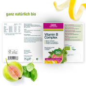 Auf der Verpackung von gse.organic.supplements Vitamin B Complex (Bio) sind grüne Blätter, geschnittene Guave und Zitronenschalen zu sehen. Der Text hebt die veganen, glutenfreien und laktosefreien Eigenschaften hervor und ist mit einem "Bio"-Label versehen.