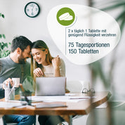 Ein Mann und eine Frau lächeln an einem Tisch mit einem Laptop und Papieren. Deutscher Text erklärt gse.organic.supplements Vitamin B-Komplex (Bio): Zweimal täglich 1 Tablette mit Wasser einnehmen, 75 Portionen, 150 B-Vitamin-Tabletten.