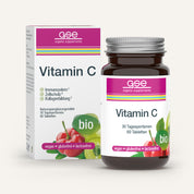 Eine Flasche und eine Schachtel gse.organic.supplements Vitamin C Compact (Bio) Tabletten mit Fruchtbildern, Bio-Label, natürlichen Quellen wie Amla & Acerola; vegan, glutenfrei, laktosefrei; 60 Tabletten pro Packung.