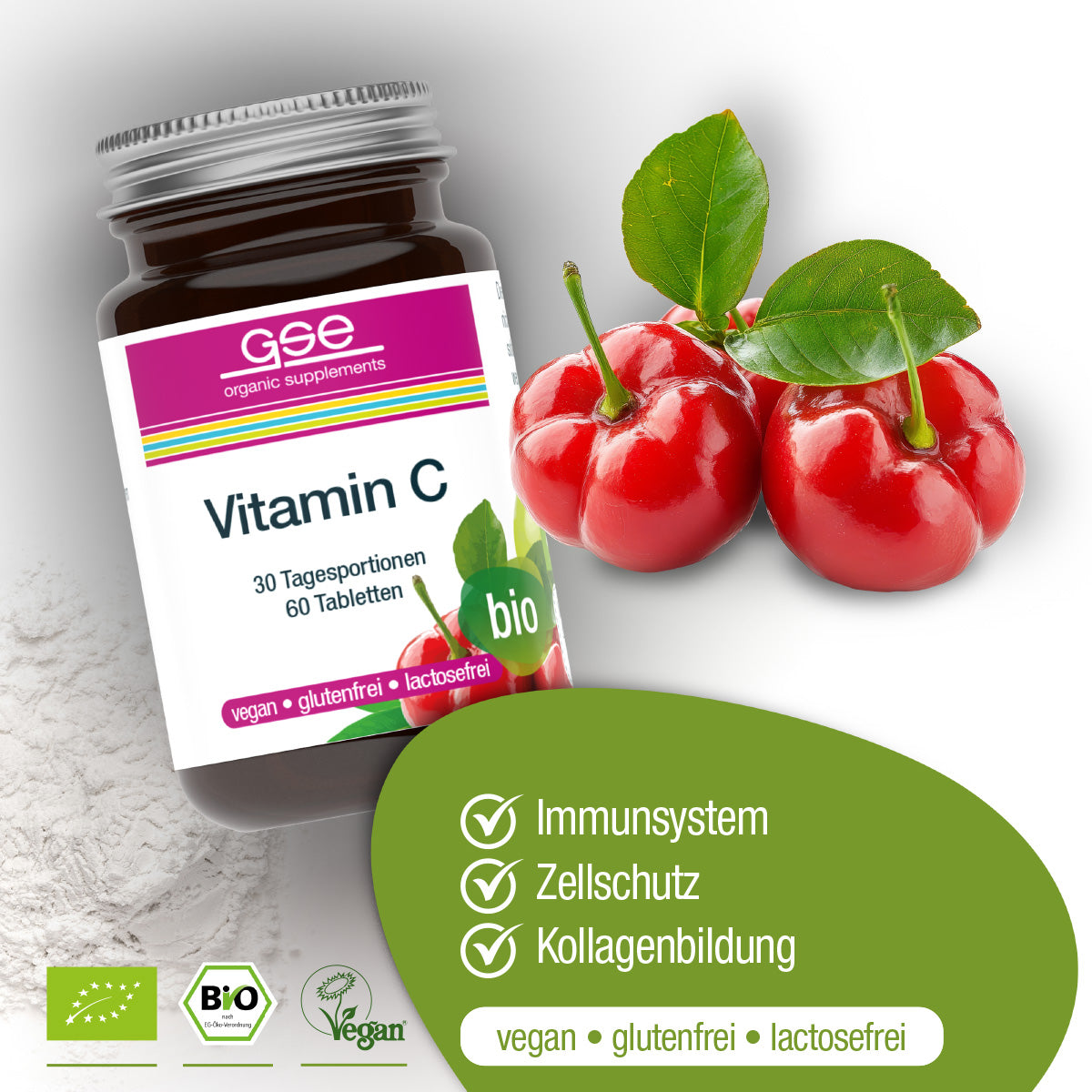 Eine Flasche gse.organic.supplements Vitamin C Compact (Bio) steht neben zwei Acerola-Kirschen und grünen Blättern. Die Etiketten zeigen Bio, vegan, glutenfrei, laktosefrei und heben Vitamin C aus Acerola und Amla zur Unterstützung von Immunität und Kollagen hervor.