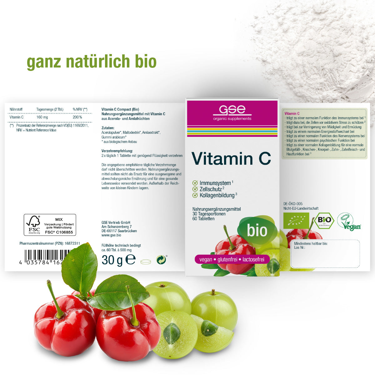 Die Verpackung von Vitamin C Compact (Bio) von gse.organic.supplements zeigt den Text "ganz natürlich bio", Bilder von Kirschen, Amla und Acerola, Angaben zur Nahrungsergänzung sowie Symbole für die Zertifizierung als biologisch, vegan, glutenfrei und laktosefrei.