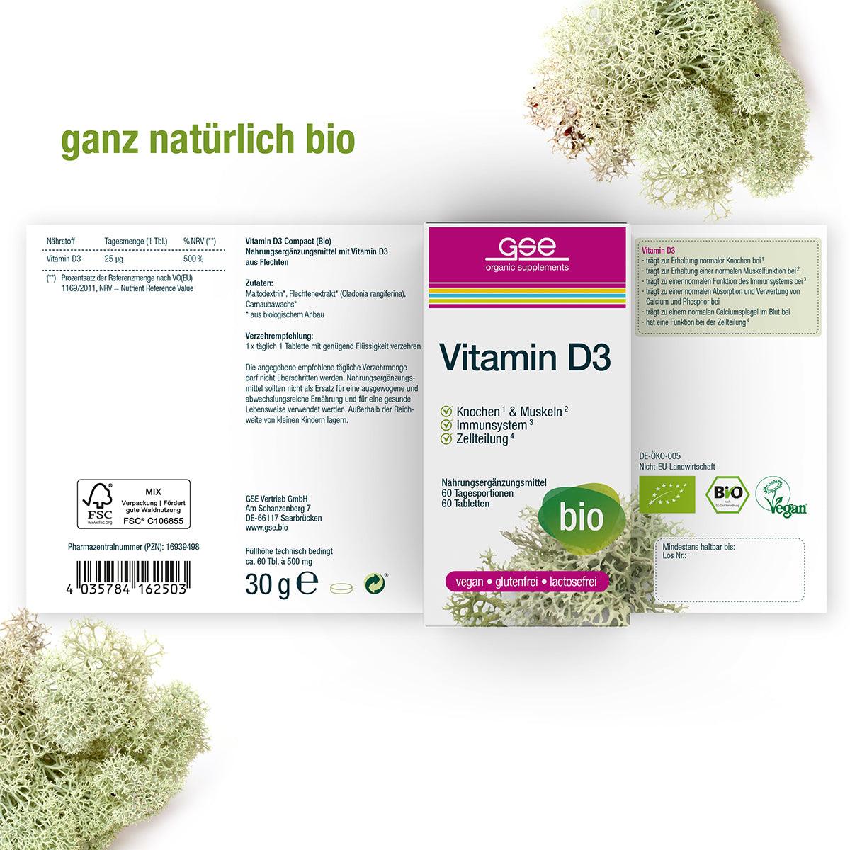 Ein Produktetikett für Vitamin D3 Compact (Bio) von gse.organic.supplements, mit grünen und violetten Akzenten, den Worten bio, vegan, glutenfrei, laktosefrei und Moosbildern im Hintergrund.