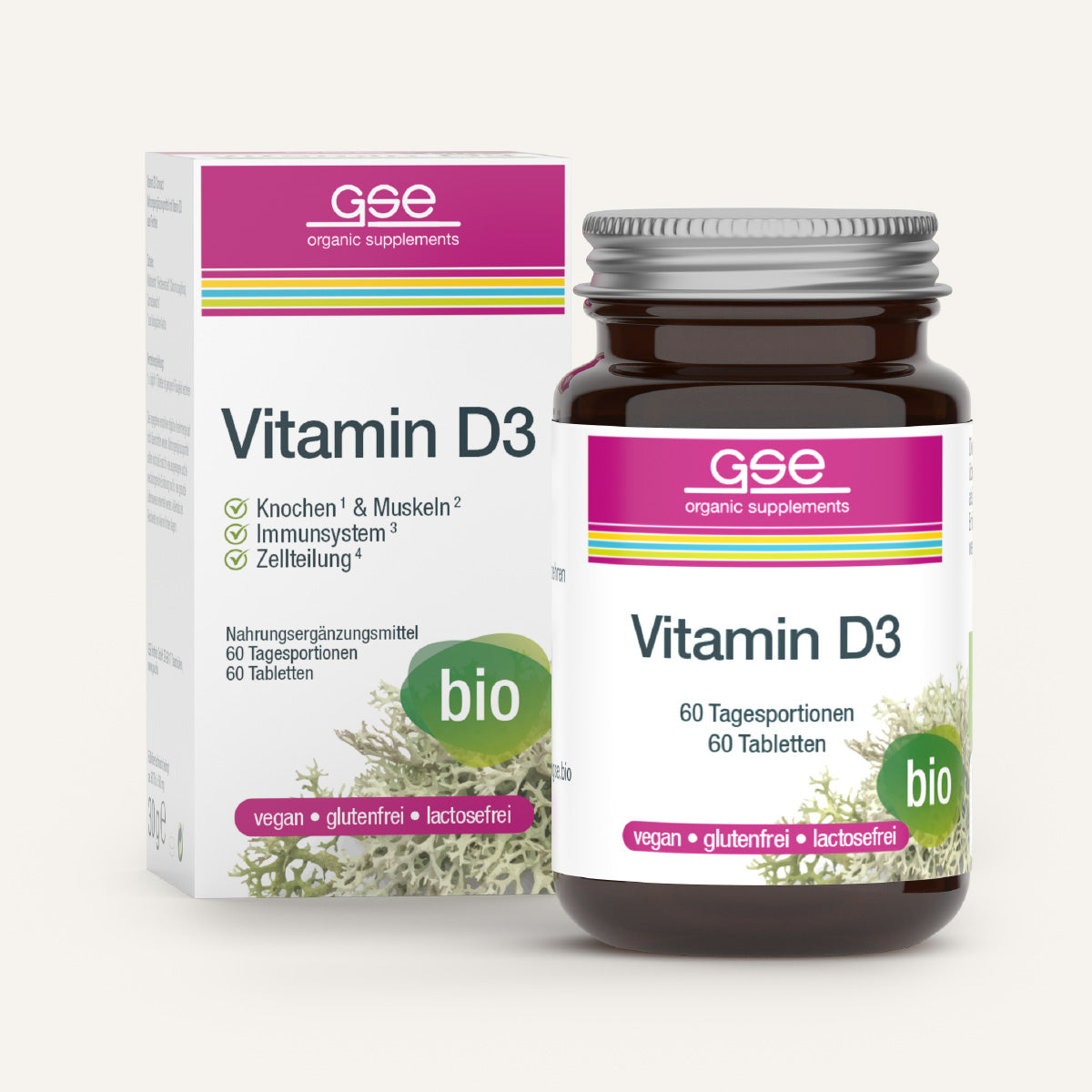 Eine braune Flasche und Schachtel von gse.organic.supplements Vitamin D3 Compact (Bio), mit grüner und lila Verpackung mit der Aufschrift biozertifiziert, glutenfrei, laktosefrei und mit 60 veganen Tabletten.