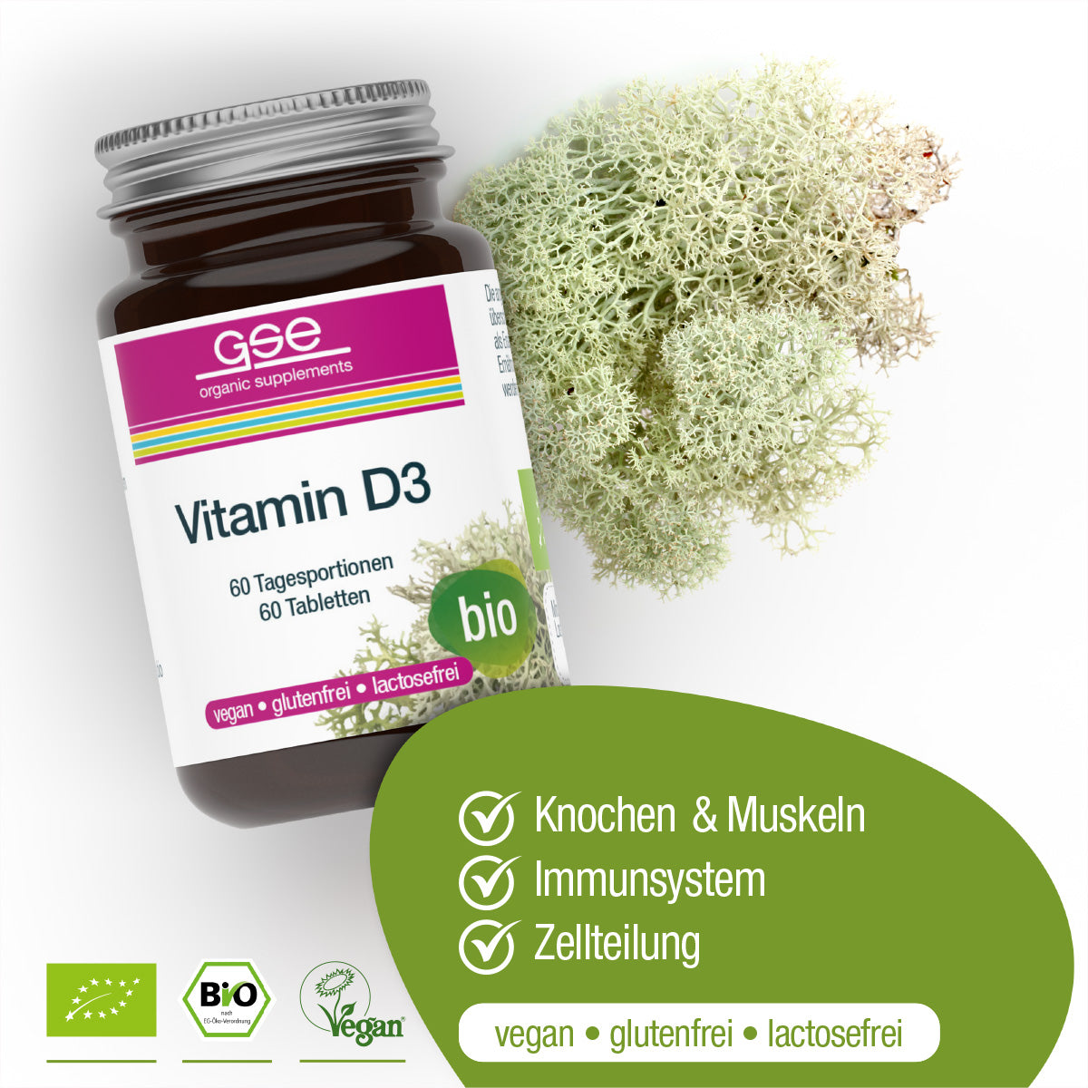 Eine Flasche gse.organic.supplements Vitamin D3 Compact (Bio) Tabletten steht neben einer weißen Flechte. Das bio-zertifizierte Etikett weist darauf hin, dass es gluten- und laktosefrei ist, und die grünen Symbole zeigen die Vorteile für Knochen, Muskeln und das Immunsystem an.