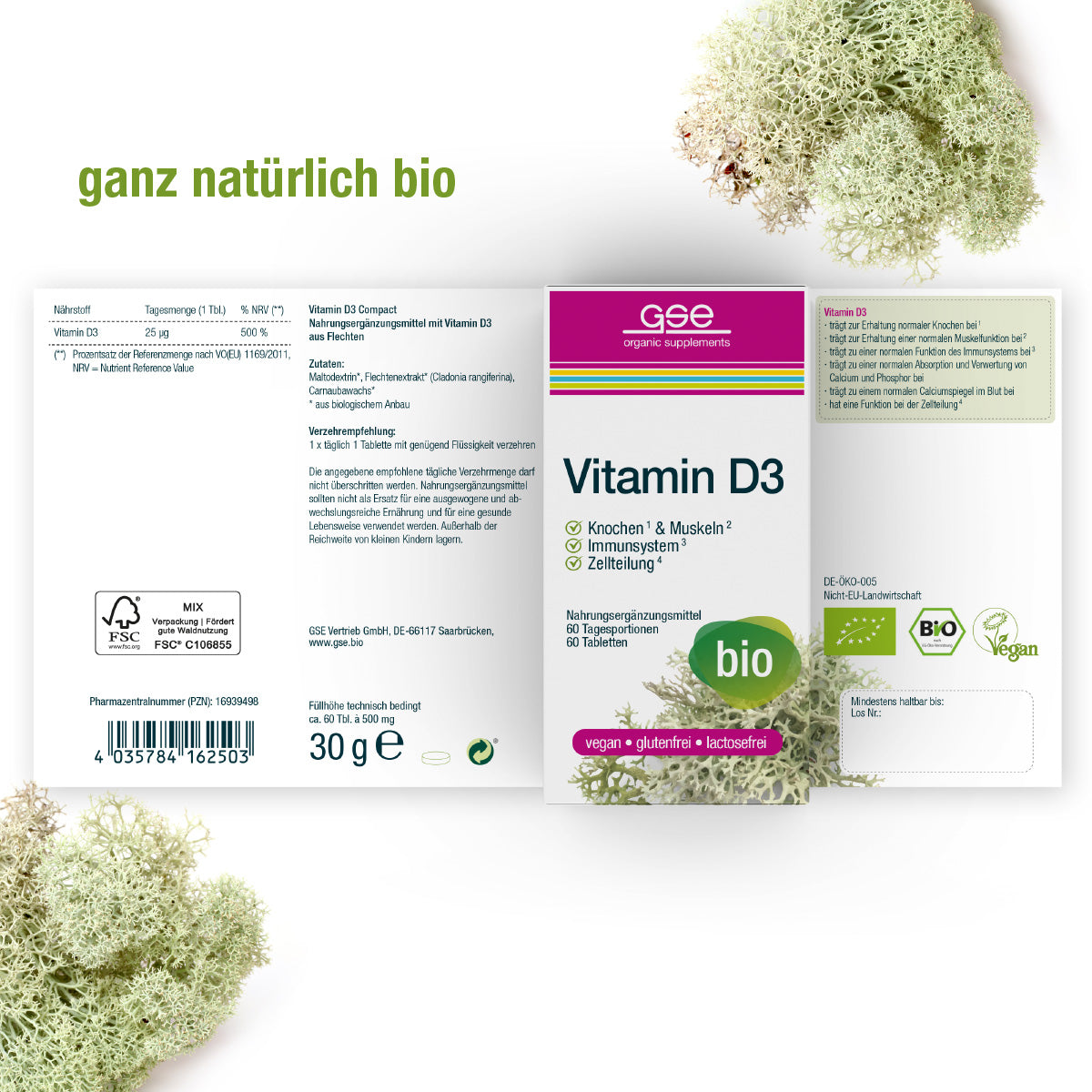 Eine Verpackung für gse.organic.supplements Vitamin D3 Compact (Bio), gekennzeichnet als vegan, glutenfrei, laktosefrei und bio. Oben links steht "ganz natürlich bio". Der Hintergrund besteht aus grünem Moos für ein natürliches Aussehen.