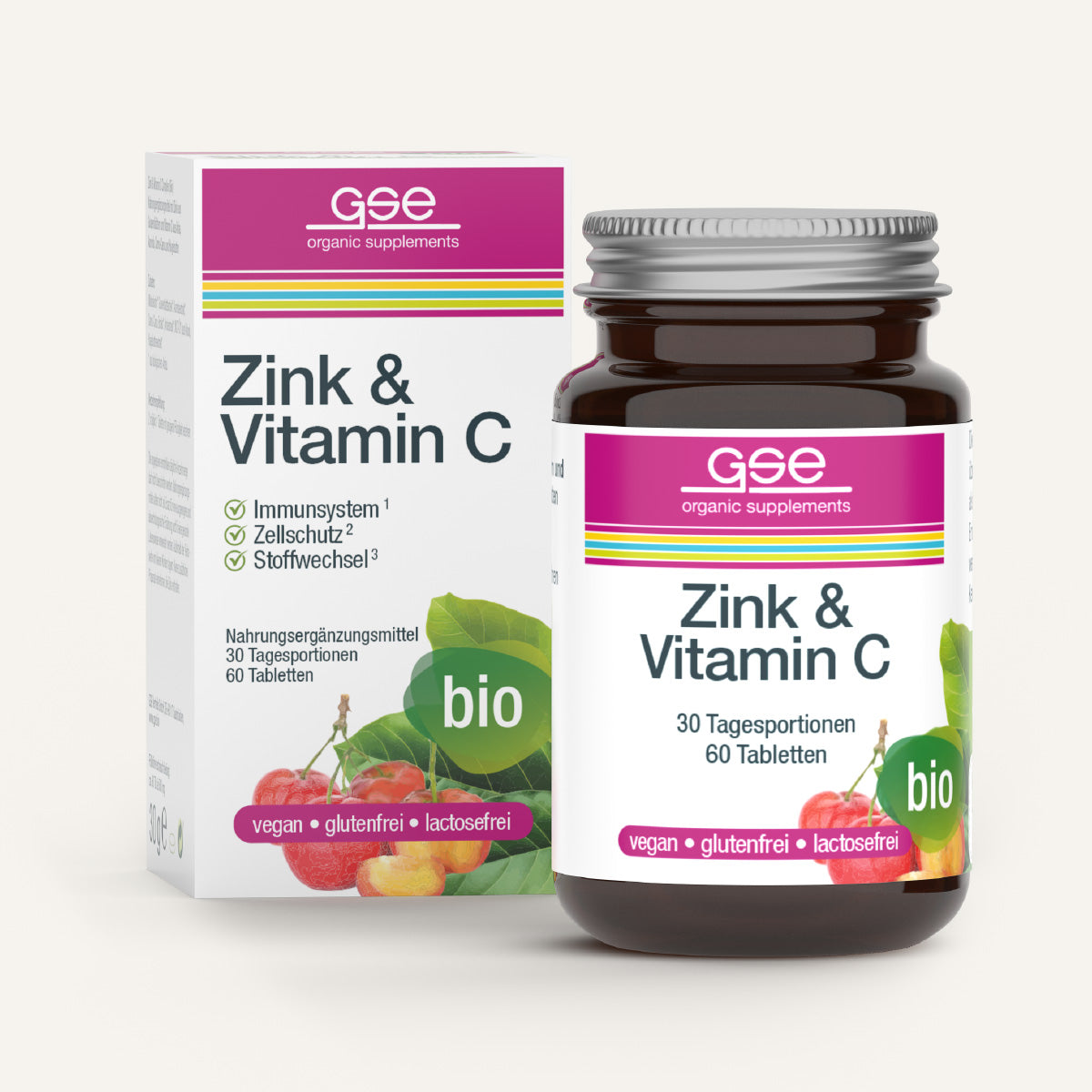 Eine braune Glasflasche und Schachtel mit der Aufschrift "Zink & Vitamin C (Bio)" von gse.organic.supplements mit Fruchtabbildungen. Die vegane, biologische Verpackung hebt den Immun- und Zellschutz hervor und enthält Bio-Zink zur optimalen Unterstützung.