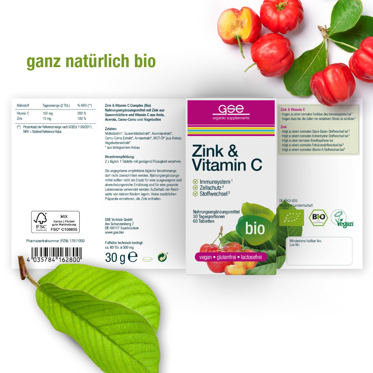 Eine Schachtel mit gse.organic.supplements Zink & Vitamin C (Bio) auf weißem Hintergrund mit Acerola-Kirschen und grünen Blättern. Die Verpackung hebt die Unterstützung des Immunsystems und die biologischen, veganen, glutenfreien und laktosefreien Eigenschaften hervor.