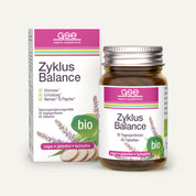 Eine Schachtel und ein Glas mit den Zyklus Balance (Bio)-Tabletten von gse organic supplements sind mit einer weiß-lila Verpackung, Lavendelblüten und einem Bio-Etikett versehen und unterstützen den Hormonhaushalt von Frauen - vegan, glutenfrei und laktosefrei.