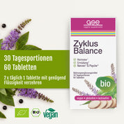 Schachtel Zyklus Balance (Bio) von gse Bio-Ergänzungsmittel mit Kräutern und Pflanzenwurzeln für das hormonelle Gleichgewicht bei Frauen. Enthält 60 Tabletten für 30 Tage. Bio, vegan, gluten- & laktosefrei. Inklusive deutscher Gebrauchsanweisung.