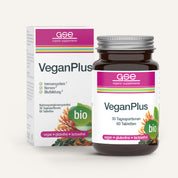 Eine Flasche und eine Schachtel gse.organic.supplements VeganPlus (Bio) vegane Nahrungsergänzungsmittel in weißer Verpackung mit rosa und grünen Akzenten, die die Vorteile von biozertifiziert, vegan, glutenfrei, laktosefrei und Vitamin B12 hervorheben.