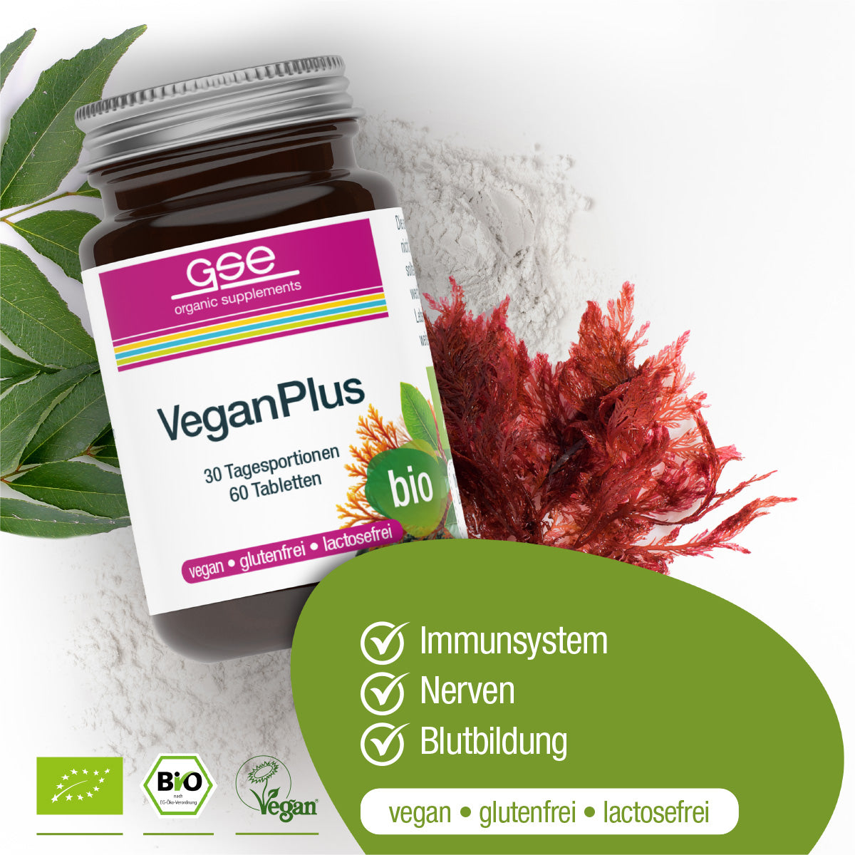 Eine Flasche VeganPlus (Bio) von gse.organic.supplements wird auf einem weißen Hintergrund mit grünen Blättern und rotem Laub dargestellt. Icons heben das Immunsystem, die Nerven und die Blutbildung hervor. Kennzeichnungen: Vitamin B12, vegan, glutenfrei, laktosefrei.