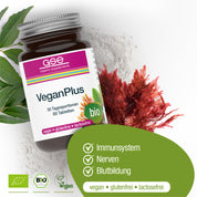 Eine Flasche VeganPlus (Bio) von gse.organic.supplements wird auf einem weißen Hintergrund mit grünen Blättern und rotem Laub dargestellt. Icons heben das Immunsystem, die Nerven und die Blutbildung hervor. Kennzeichnungen: Vitamin B12, vegan, glutenfrei, laktosefrei.