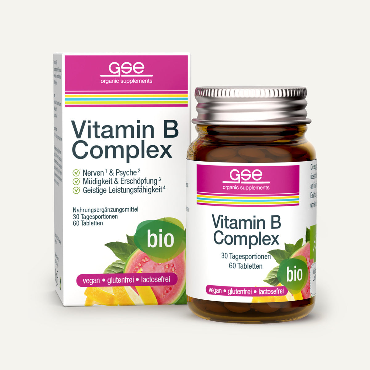 Eine Flasche und eine Schachtel „gse.organic.supplements Vitamin B-Komplex (Bio)“, gekennzeichnet als vegan, glutenfrei, laktosefrei und bio als pflanzliches Nahrungsergänzungsmittel, mit grünen Blättern und deutschem Text auf weißem Hintergrund.