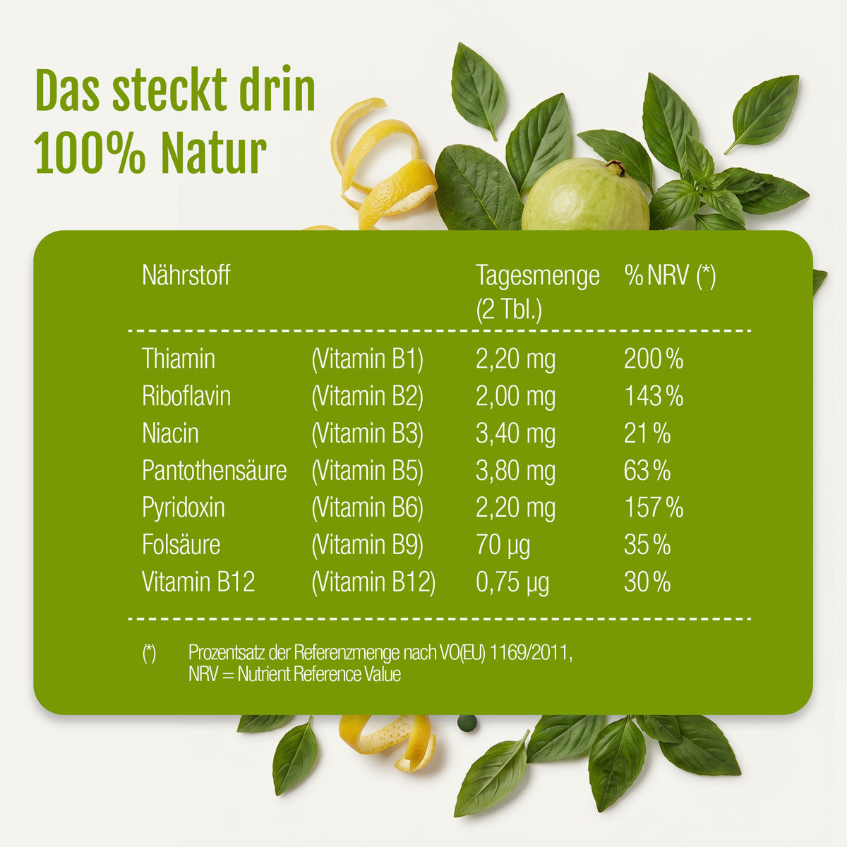 Tabelle mit dem Vitamingehalt pro Tagesportion des Vitamin-B-Komplexes (Bio) von gse.organic.supplements, einschließlich pflanzlicher B-Vitamine wie Thiamin, Riboflavin, Niacin, Pantothensäure, Pyridoxin, Folsäure und Vitamin B12; die Tabelle ist kunstvoll von frischen Zitrusfrüchten und grünen Blättern umrahmt, was ihr eine natürliche Note verleiht.