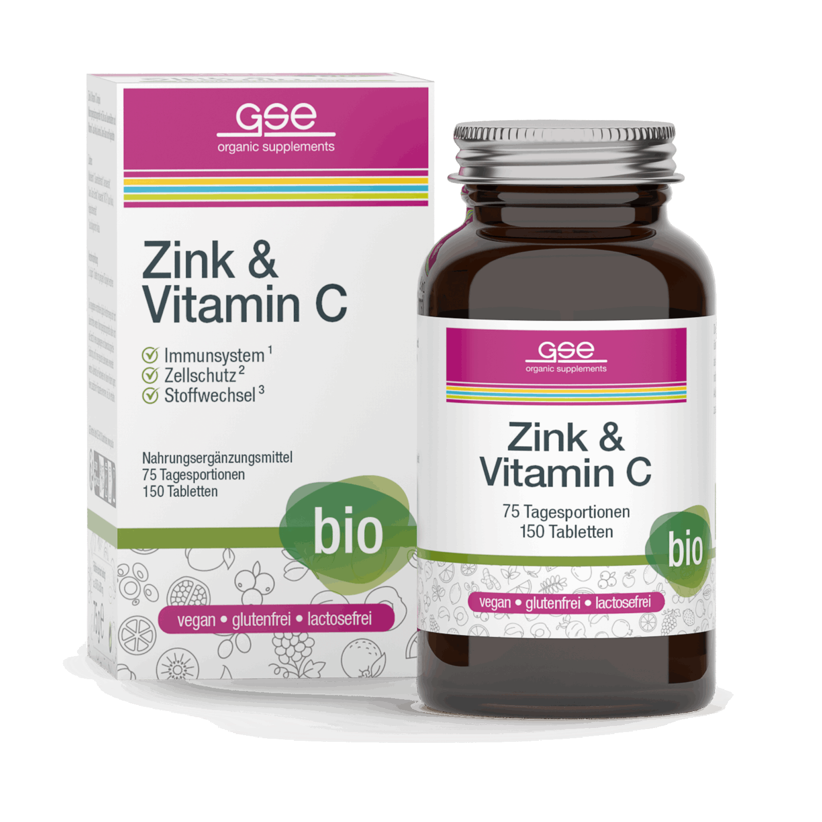 Eine Schachtel und eine Flasche gse.organic.supplements Zink & Vitamin C (Bio) Tabletten mit Bio-Etikett; vegane, glutenfreie und laktosefreie Icons. Die weiße Verpackung mit grünen und magentafarbenen Akzenten unterstützt Ihr Immunsystem auf natürliche Weise.