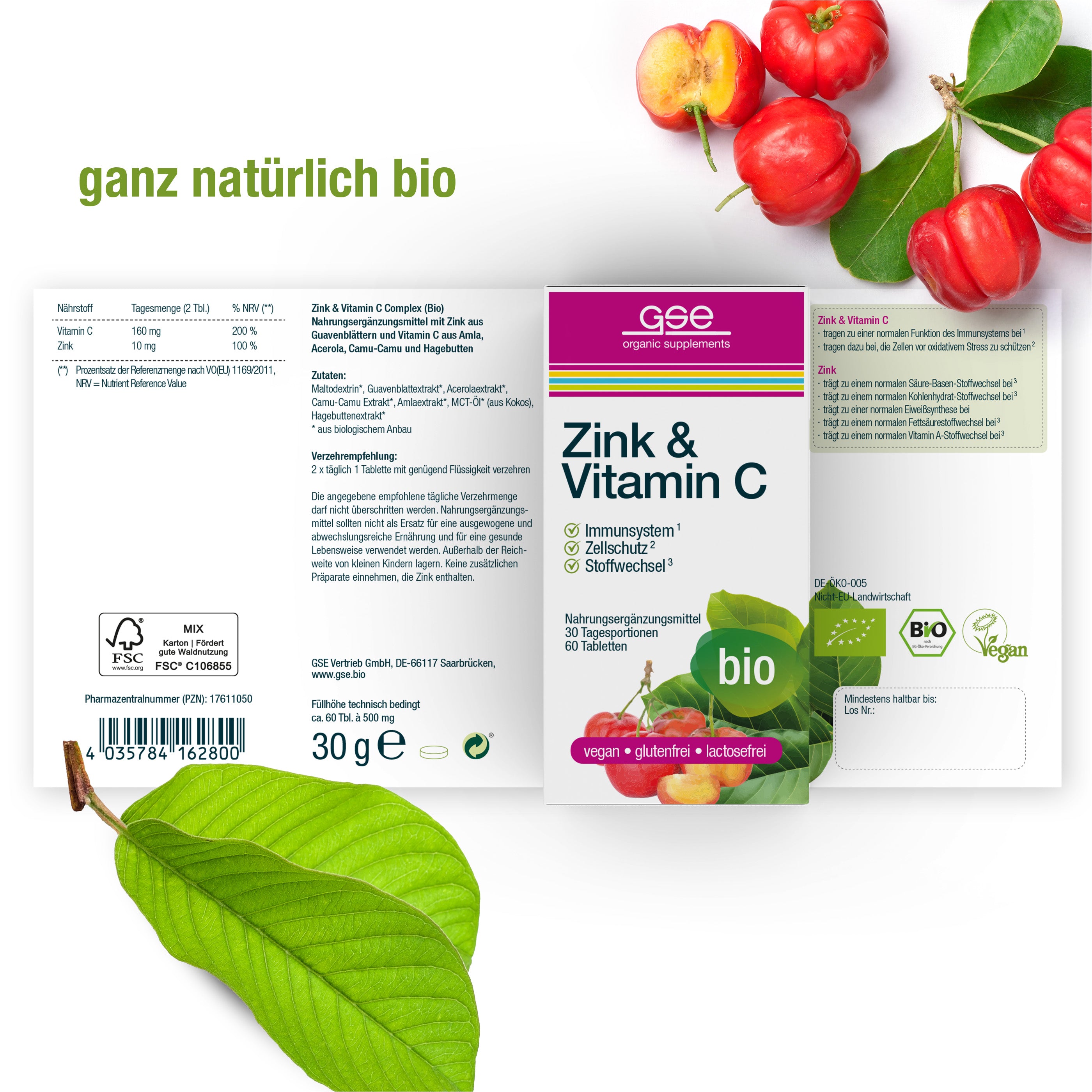 Die Verpackung von gse.organic.supplements Zink & Vitamin C (Bio) hebt Kirschen, grüne Blätter und die Etiketten "bio", "vegan" und "glutenfrei" hervor und betont die natürliche Unterstützung des Immunsystems.